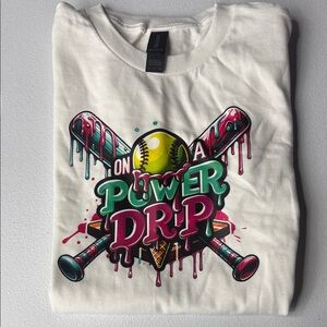 Gildan White Tee with Pink, Green & Yellow 'Power Drip' Graphic